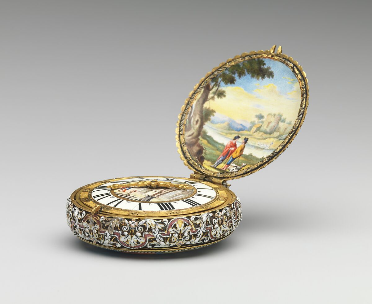 Watch, Watchmaker: Johannes van Ceulen (Dutch, active 1675–1715), Case: painted enamel on gold, and raised enamel on gold; Movement: gilded brass, partly blued steel, and silver, Dutch, The Hague movement with French, Paris case 