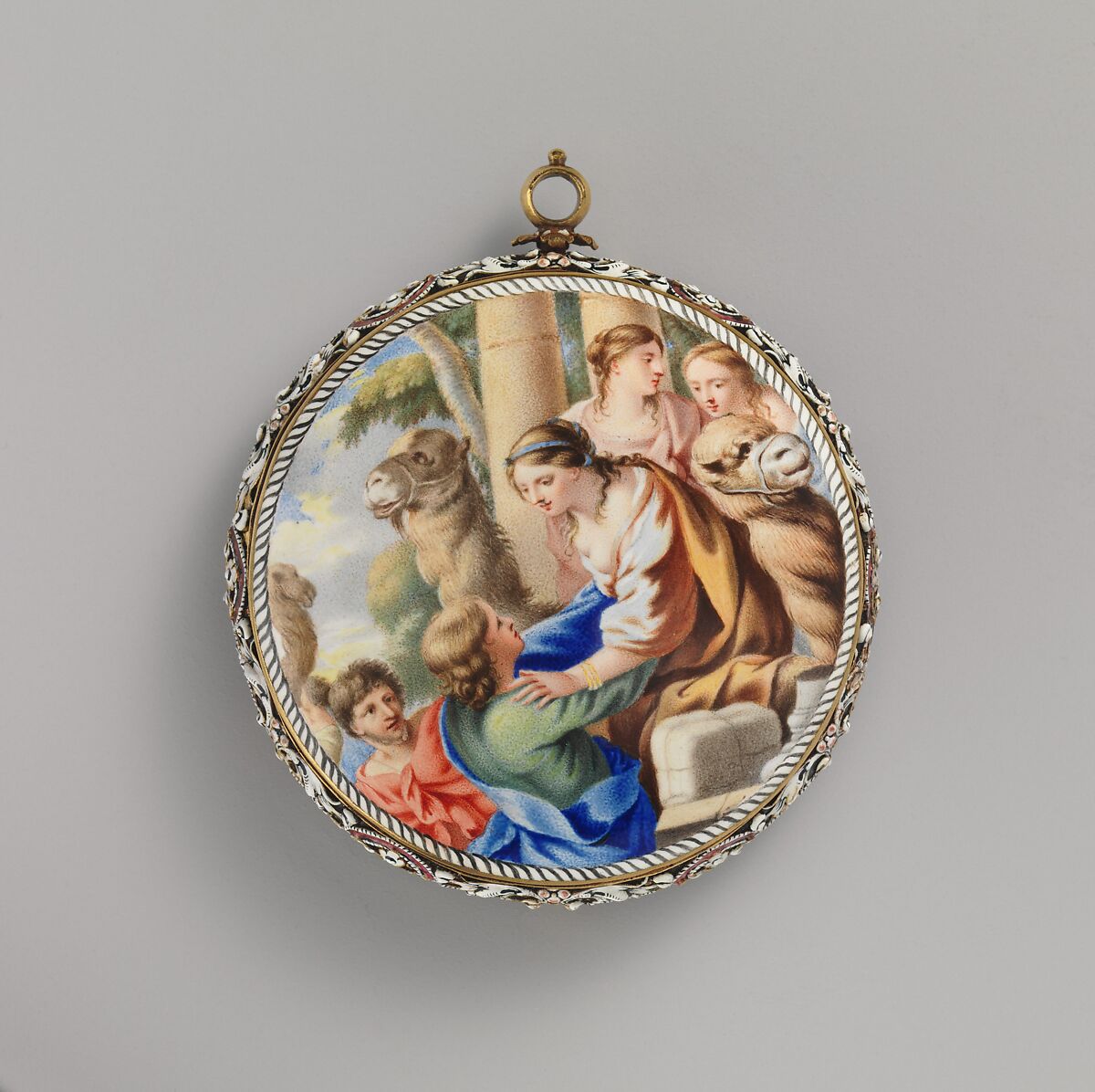Watch with scenes from the story of Rebekah at the well, Watchmaker: Johannes van Ceulen (Dutch, active 1675–1715), Case: painted enamel on gold, and raised enamel on gold; Movement: gilded brass, partly blued steel, and silver, Dutch, The Hague movement with French, Paris case