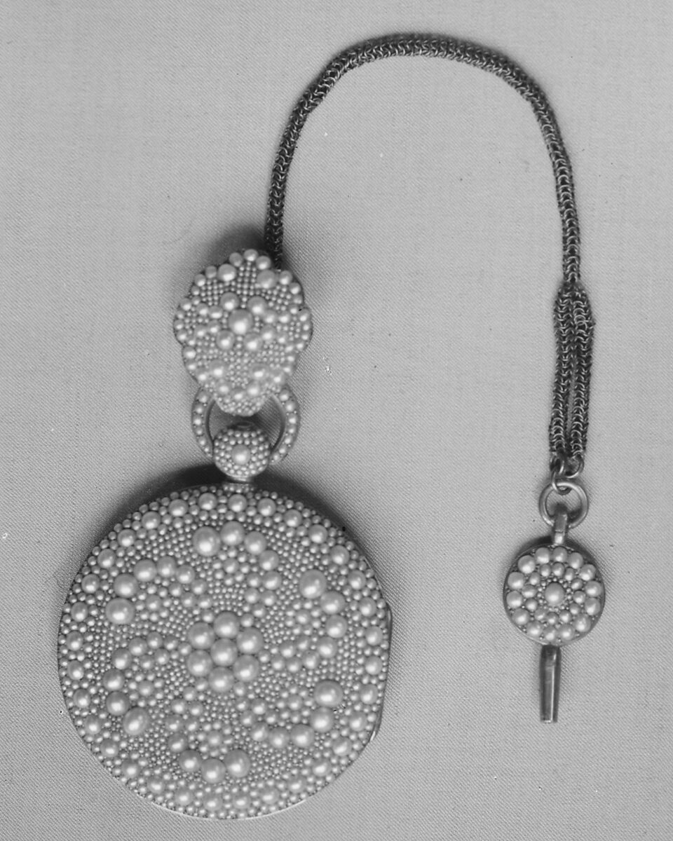 Watch and key, Case, key, and guard of gold, pavé set with pearls; jeweled movement, with cylinder escapement, Swiss 