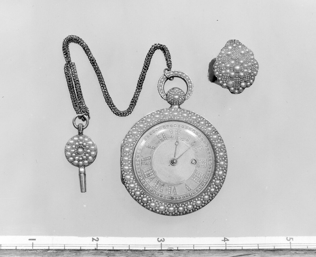 Watch and key, Case, key, and guard of gold, pavé set with pearls; jeweled movement, with cylinder escapement, Swiss