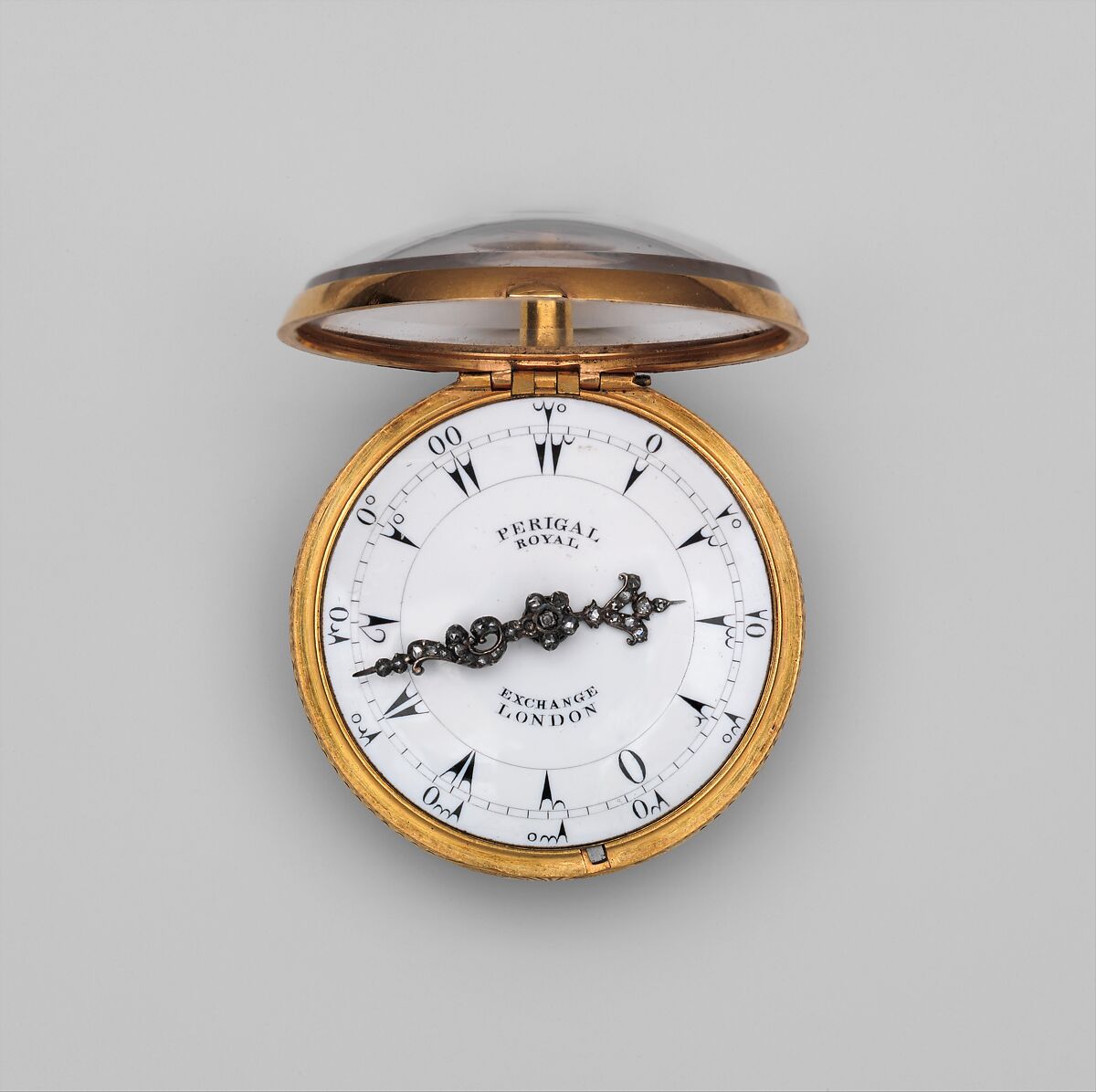 Repeating watch, Movement by Francis Perigal (British, active 1741–67), Dial: white enamel with black numerals and silver hands set with diamonds; Movement: gilded brass and partly blued steel, British, London, made for Turkish market 