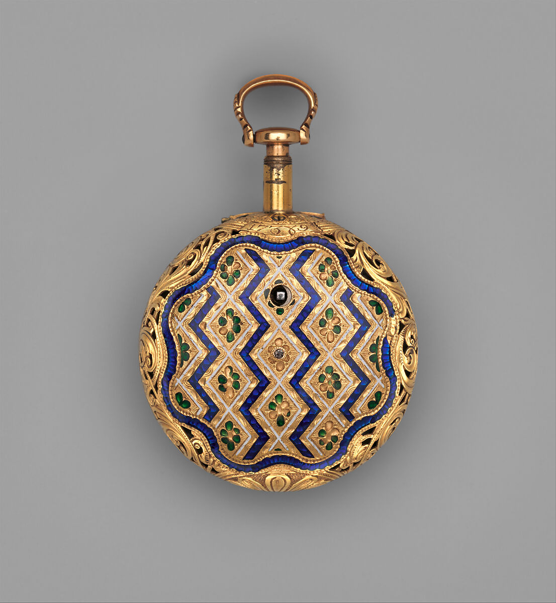 Repeating watch, Movement by Francis Perigal (British, active 1741–67), Case: partly enameled gold; Dial: white enamel with black numerals and silver hands set with diamonds; Movement: gilded brass and partly blued steel, British, London, for Turkish market