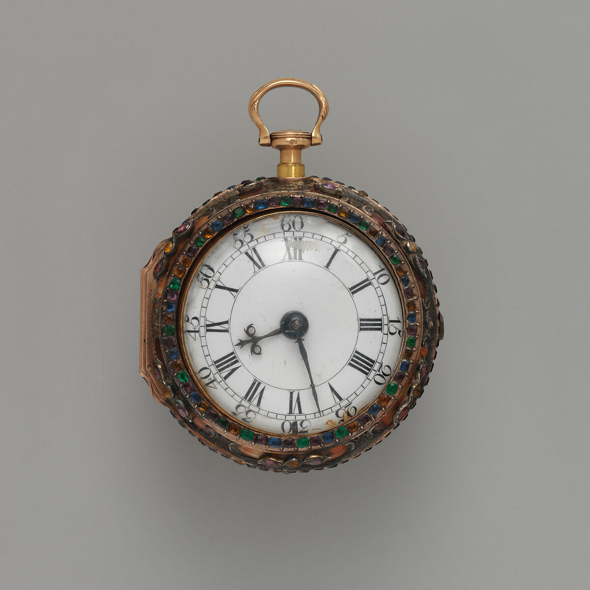 Repeating watch, Watchmaker: George Goodman (British, active 1771–85), Gold, red agate, diamonds, emeralds, rubies, sapphires, topazes, amethysts, British, London 