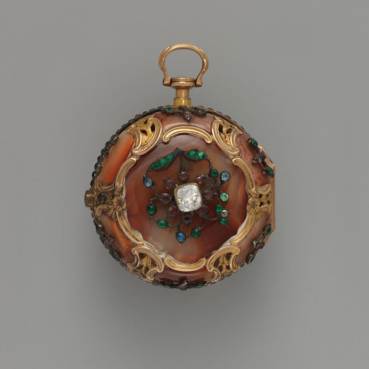 Repeating watch, Watchmaker: George Goodman (British, active 1771–85), Gold, red agate, diamonds, emeralds, rubies, sapphires, topazes, amethysts, British, London