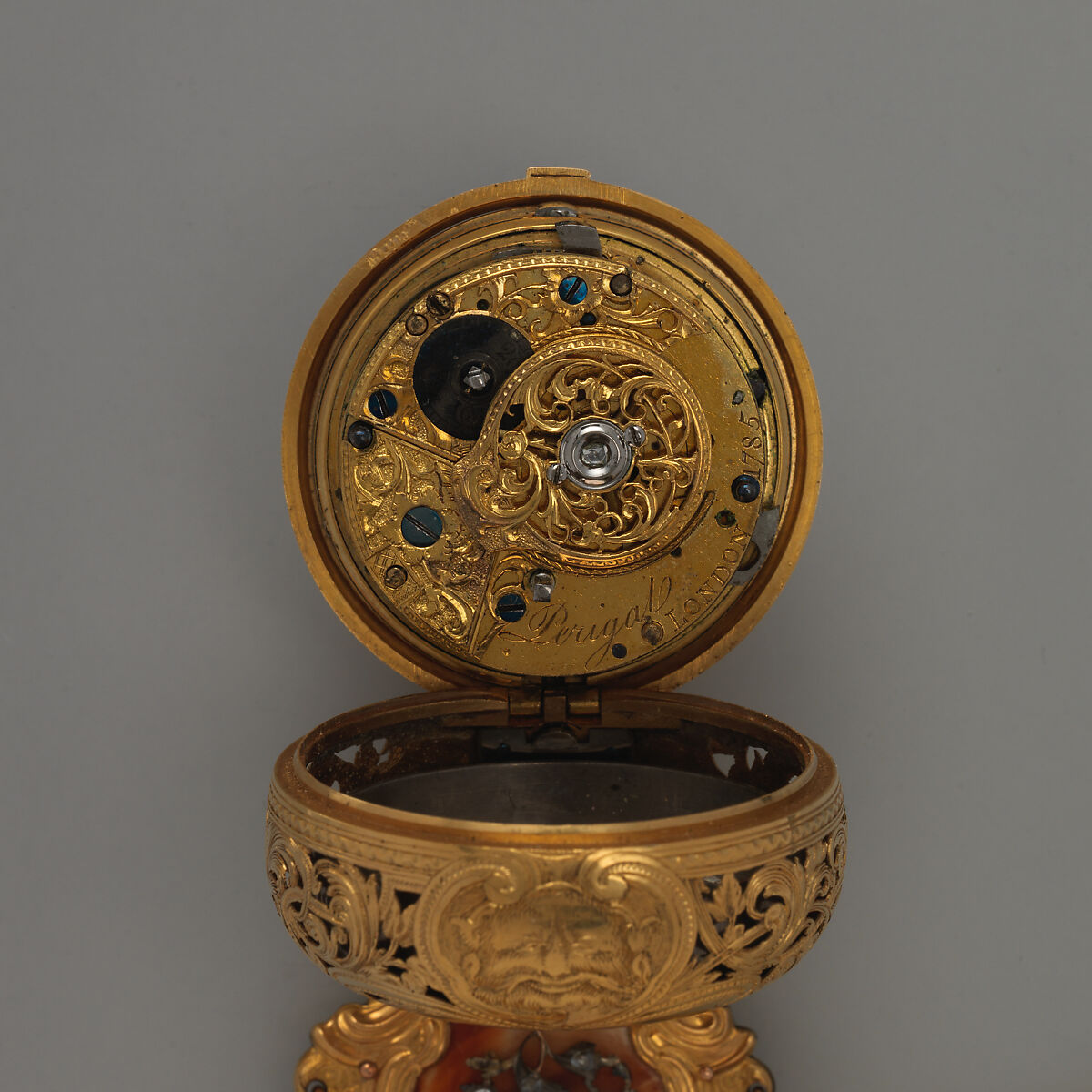 Watch and chatelaine, Probably by Francis Perigal (British, active 1741–67), Case: gold, enamel, diamonds; Dial: enamel, silver hands, set with diamonds; Movement: with diamond endstone, British, London, for Turkish market