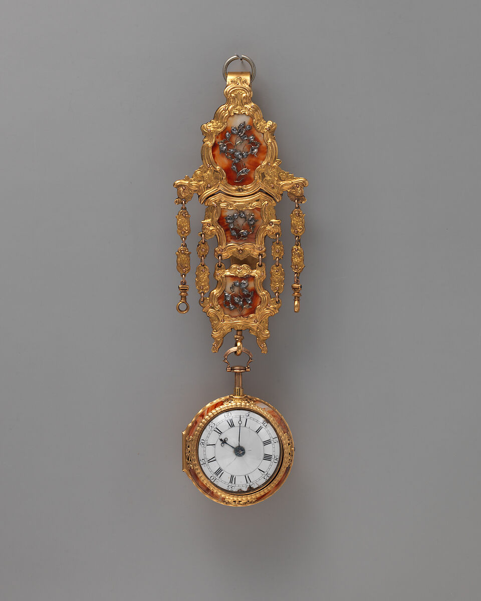 Watch and chatelaine, Probably by Francis Perigal (British, active 1741–67), Case: gold, enamel, diamonds; Dial: enamel, silver hands, set with diamonds; Movement: with diamond endstone, British, London 