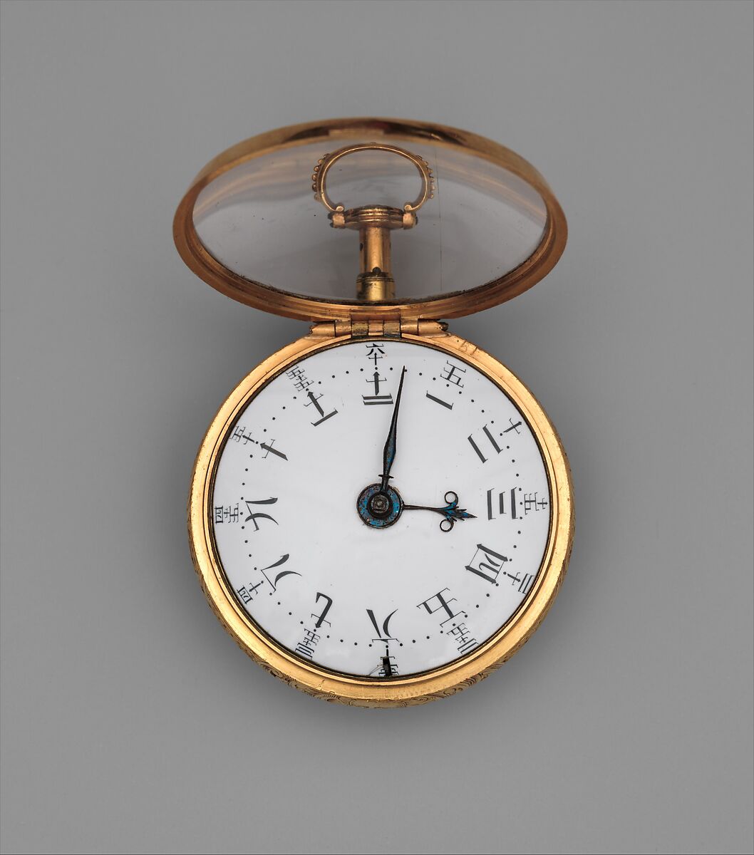 Pair-case quarter-repeating watch, Watchmaker: John Champion (British, 1730–1779), Outer case: glass and gold set with diamonds, pearls, emeralds, and rubies; Inner case: gold; Dial: white enamel with black painted Chinese characters and blued steel hands; Movement: gilded brass and partly blued steel, British, London, for Chinese market