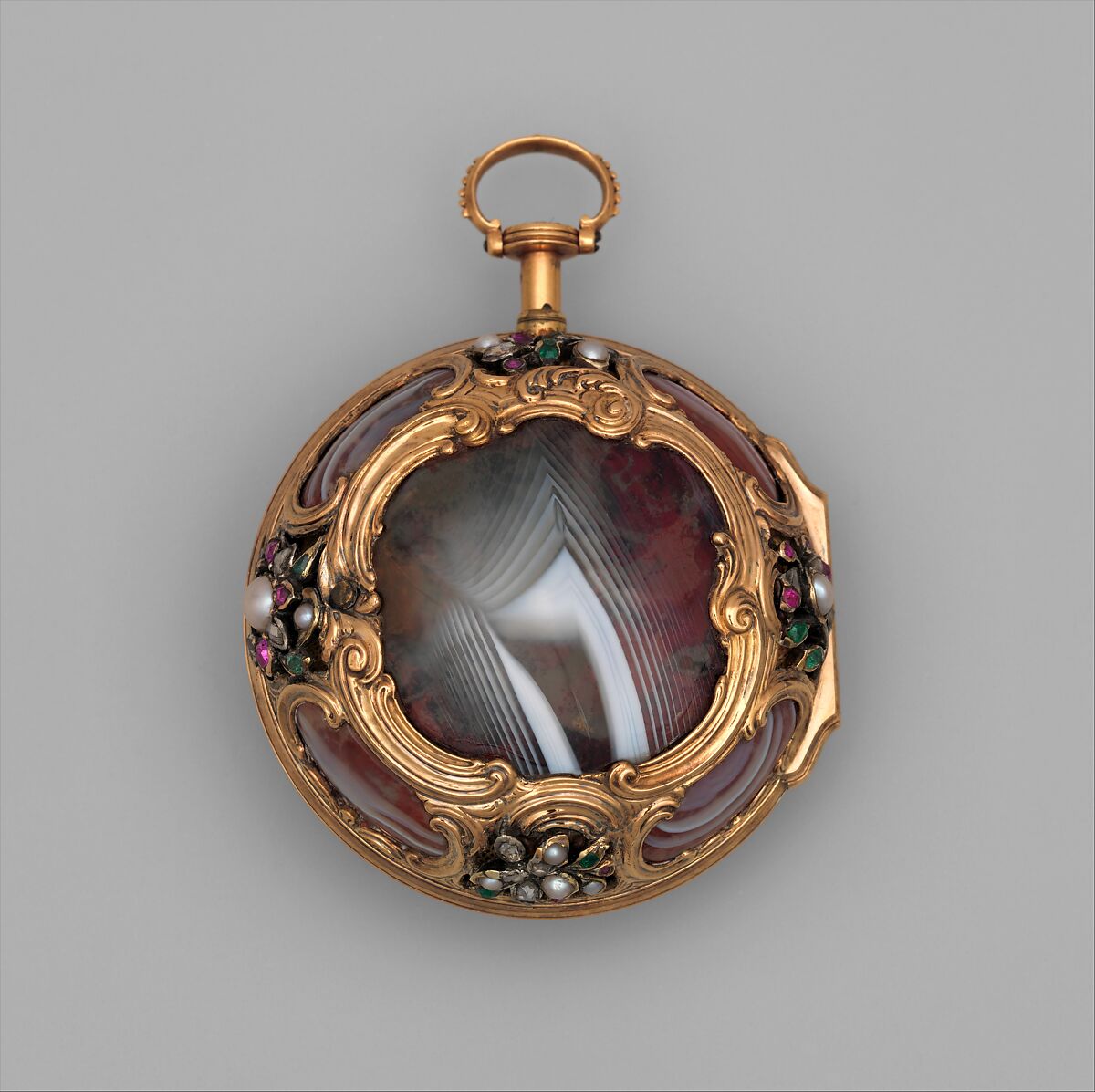Pair-case repeating watch, Watchmaker: John Champion (British, 1730–1779), Outer case: glass and gold set with diamonds, pearls, emeralds, and rubies; Inner case: gold; Dial: white enamel with black painted Chinese characters and blued steel hands; Movement: gilded brass and partly blued steel, British, London, made for Chinese market 