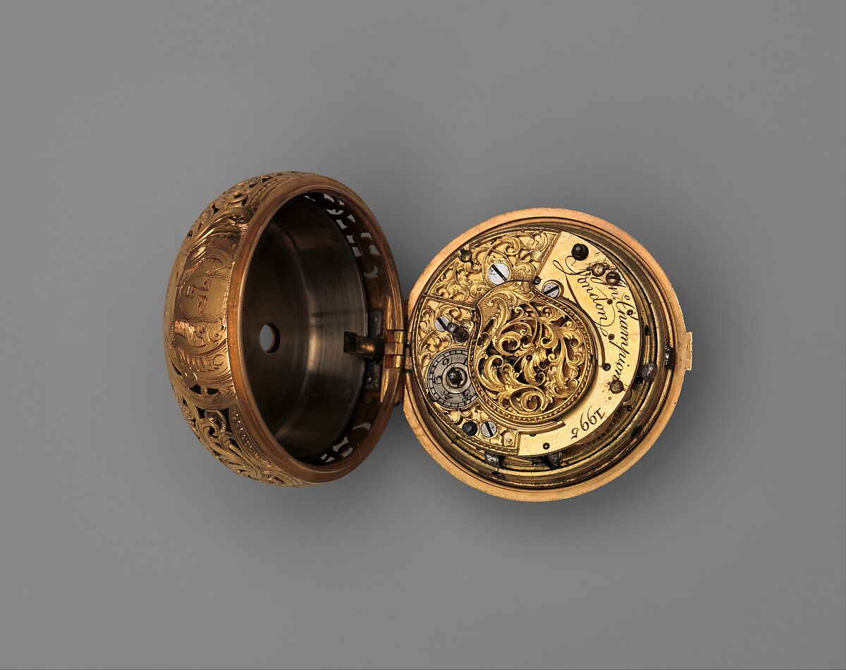 Pair-case quarter-repeating watch, Watchmaker: John Champion (British, 1730–1779), Outer case: glass and gold set with diamonds, pearls, emeralds, and rubies; Inner case: gold; Dial: white enamel with black painted Chinese characters and blued steel hands; Movement: gilded brass and partly blued steel, British, London, for Chinese market