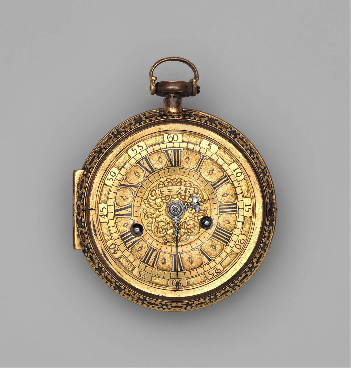 Clock watch, Case: partly gilded brass and black leather, fish skin, with gold studs; Dial: gilded brass; Movement: gilded brass, partly blued steel, and repeating mechanism, Chinese 