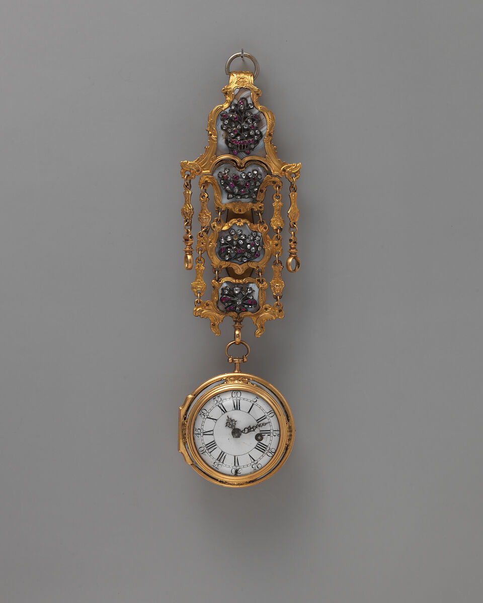 Watch and chatelaine, Watchmaker: John Rich (British, active 1735–75), Agate, gold, diamonds, rubies, enamel, British, London 
