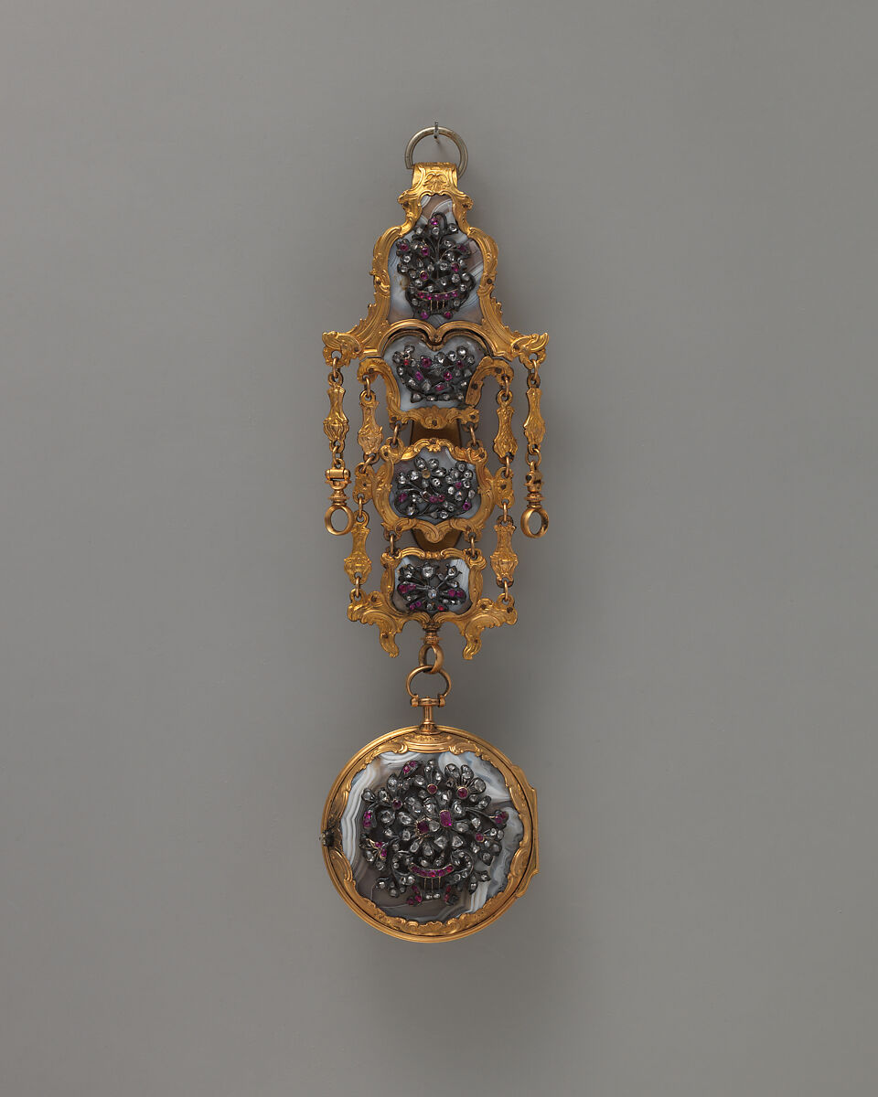 Watch and chatelaine, Watchmaker: John Rich (British, active 1735–75), Agate, gold, diamonds, rubies, enamel, British, London