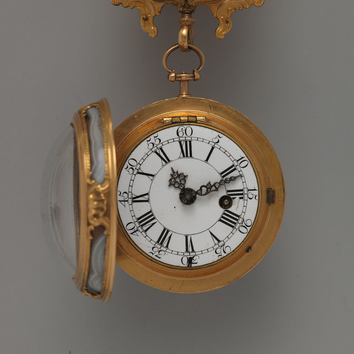 Watch and chatelaine, Watchmaker: John Rich (British, active 1735–75), Agate, gold, diamonds, rubies, enamel, British, London
