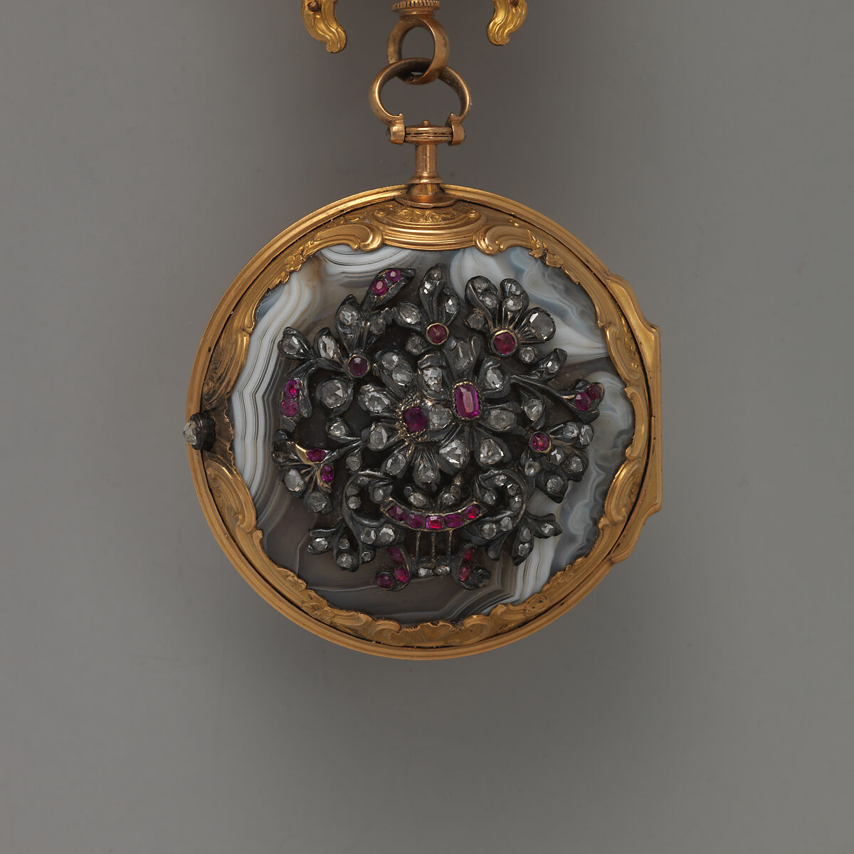 Watch and chatelaine, Watchmaker: John Rich (British, active 1735–75), Agate, gold, diamonds, rubies, enamel, British, London