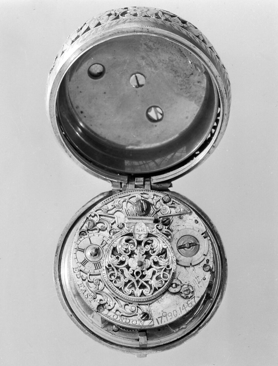 Pair-case clock-watch, Watchmaker: Imitator of Edward East (British, 1602–1697), Silver; leather outer case, British, London