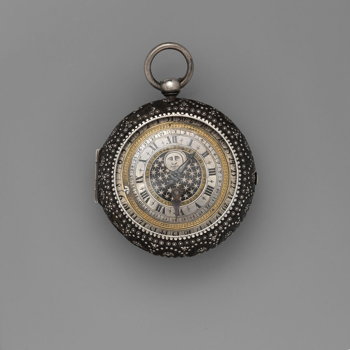 Calendar watch, Watchmaker: Thomas Alcock (recorded working 1630, Clockmakers’ Company 1632, died before 1688), Outer case: leather-covered silver with silver piqué work; Inner case: silver; Movement: gilt brass, steel, partly blued, and silver, British, London 