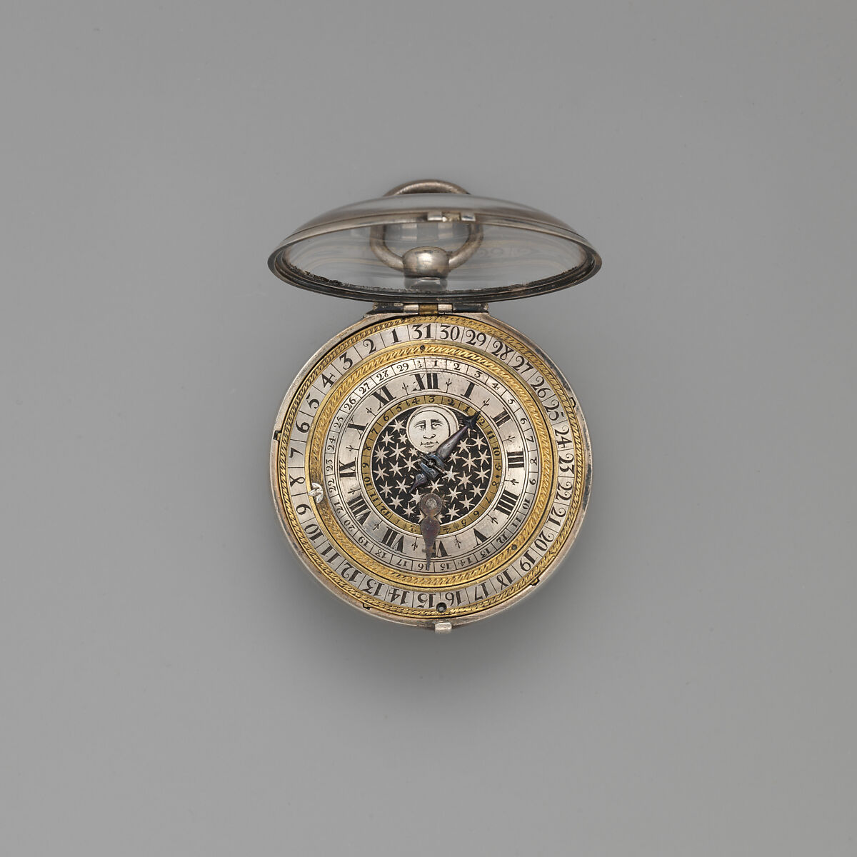 Calendar watch, Watchmaker: Thomas Alcock (recorded working 1630, Clockmakers’ Company 1632, died before 1688), Outer case: leather-covered silver with silver piqué work; Inner case: silver; Movement: gilt brass, steel, partly blued, and silver, British, London