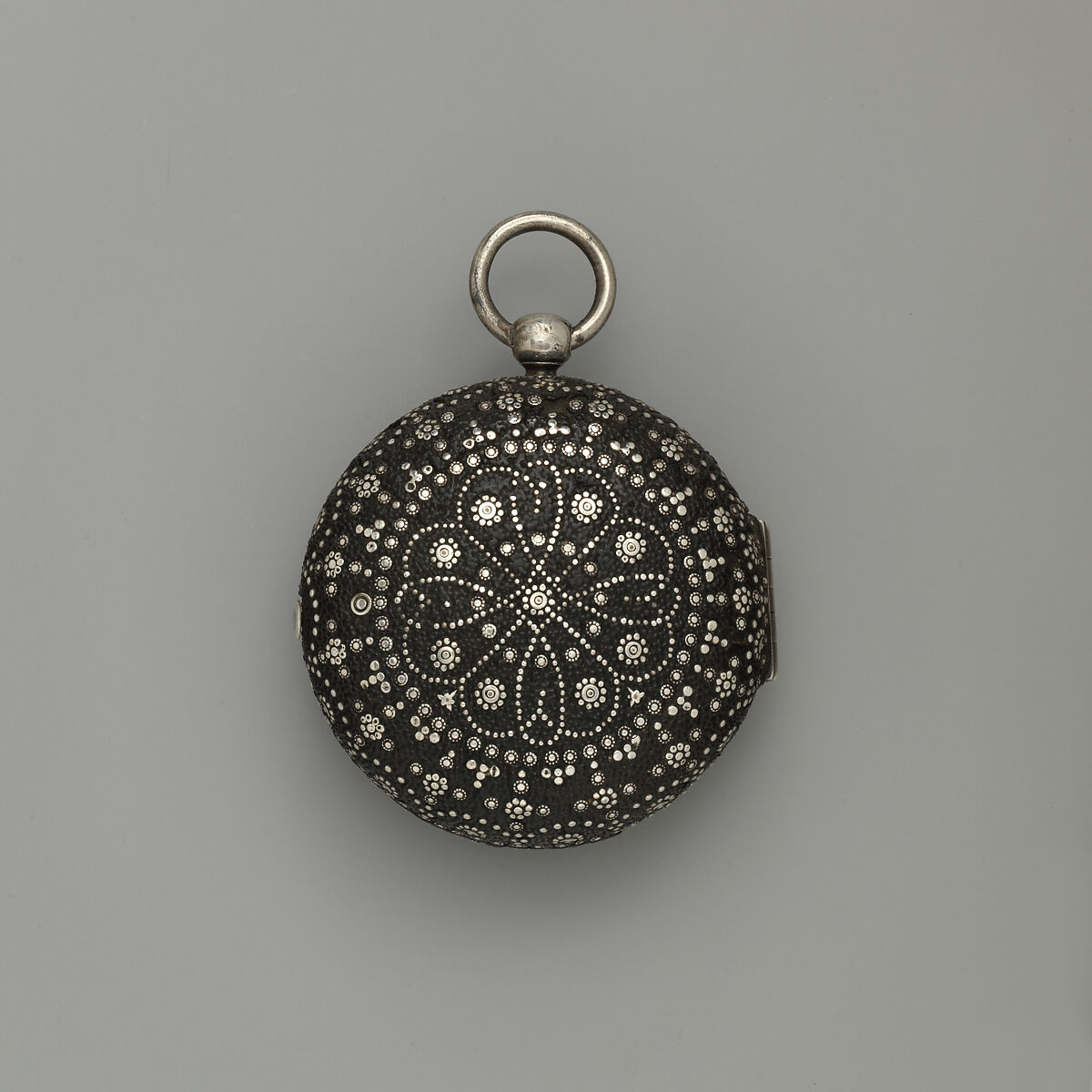 Calendar watch, Watchmaker: Thomas Alcock (recorded working 1630, Clockmakers’ Company 1632, died before 1688), Outer case: leather-covered silver with silver piqué work; Inner case: silver; Movement: gilt brass, steel, partly blued, and silver, British, London