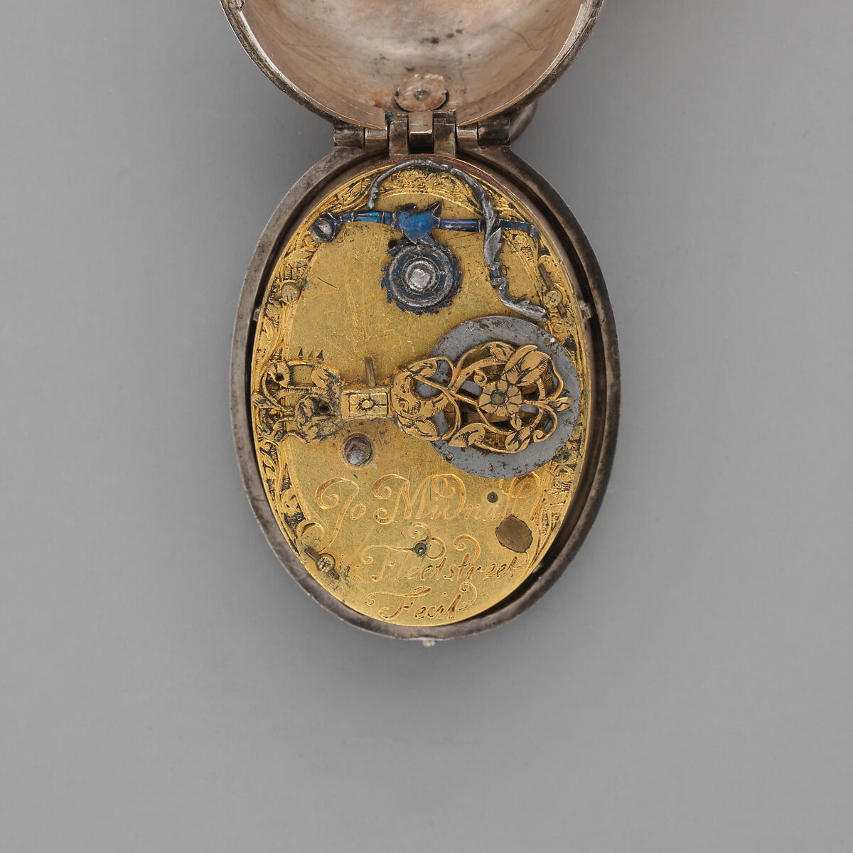 Watch, Movement by John Midnall (recorded ca. 1620–41), Case: silver; Movement: gilded brass and steel, partly blued, British, London