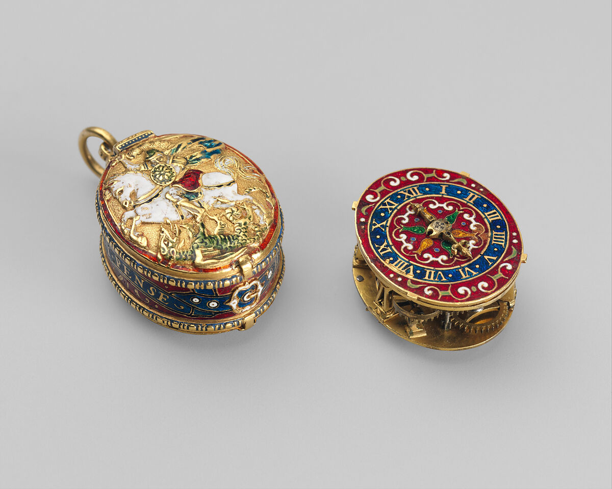 Watch in the form of a Lesser George, Movement by Nicholas Vallin (Flemish, active ca. 1590–died 1603), Case and dial: gold, partly enameled; movement: gilded brass and steel, British, London