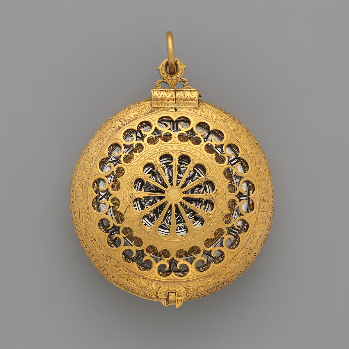 Watch with alarm, Movement by Nicholas Vallin (Flemish, active ca. 1590–died 1603), Case: gilded brass, slver; movement: gilded brass, with an alarm train of iron, British, London