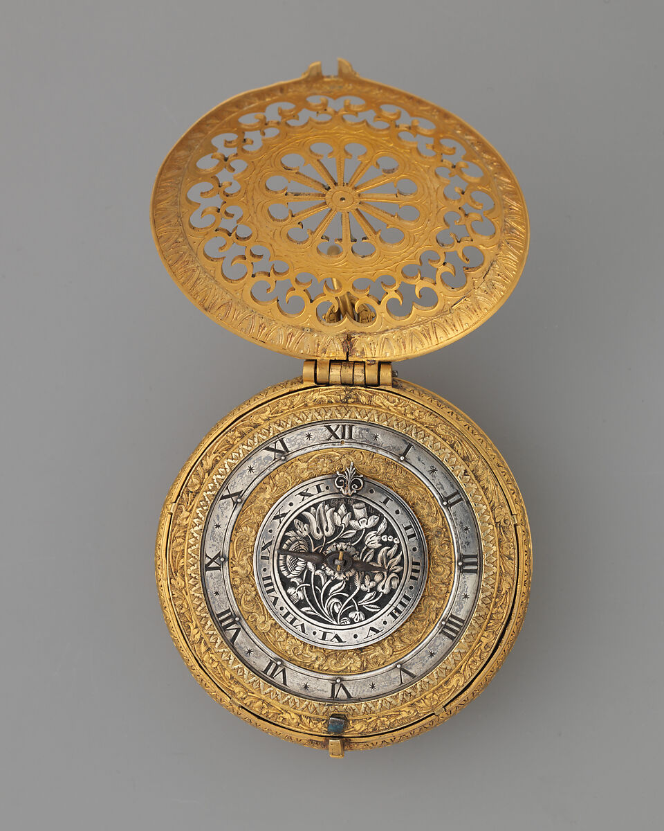 Watch with alarm, Movement by Nicholas Vallin (Flemish, active ca. 1590–died 1603), Case: gilded brass; movement: gilded brass, with an alarm train of iron, British, London 