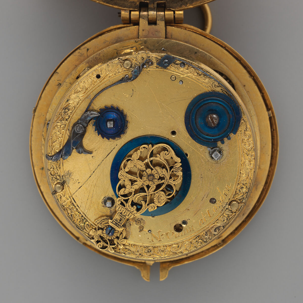 Watch with alarm, Movement by Nicholas Vallin (Flemish, active ca. 1590–died 1603), Case: gilded brass, slver; movement: gilded brass, with an alarm train of iron, British, London