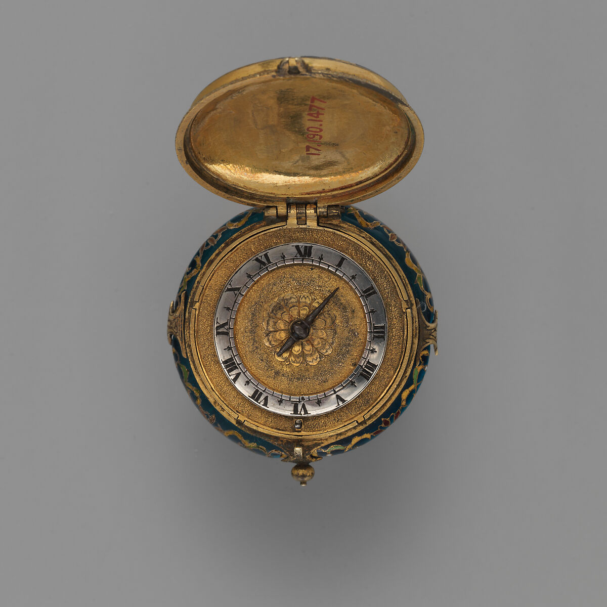 Watch, Watchmaker: Simon Hackett (before 1620–1664, active 1630–60, master 1646), Case: enamel, glass, gold, and gilded brass; Movement: gilded brass and steel, partly blued, British, London movement with French case