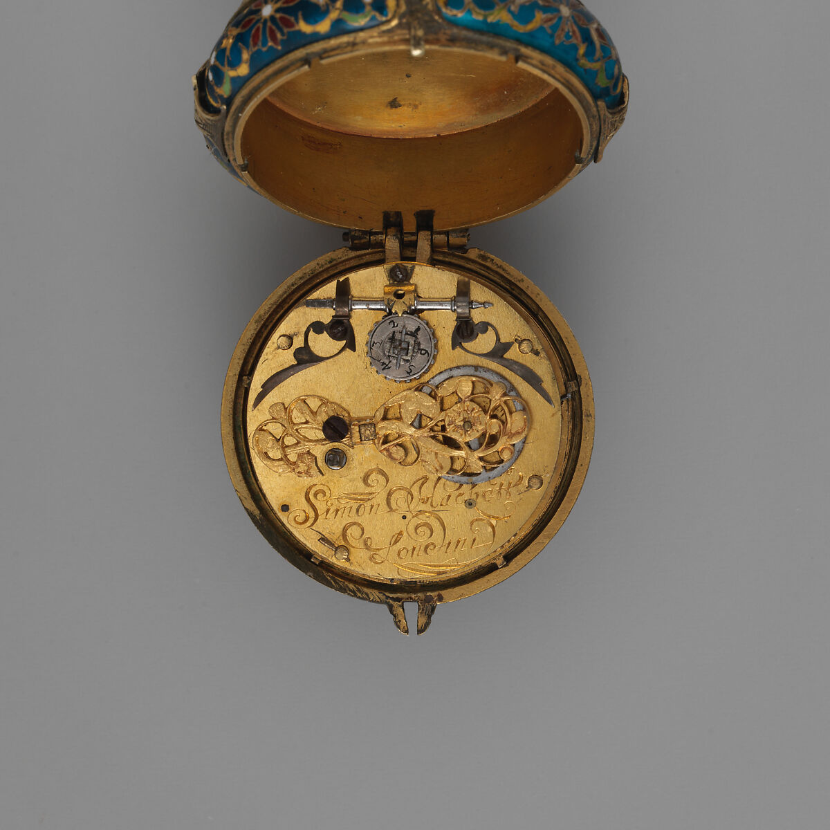Watch, Watchmaker: Simon Hackett (before 1620–1664, active 1630–60, master 1646), Case: enamel, glass, gold, and gilded brass; Movement: gilded brass and steel, partly blued, British, London movement with French case