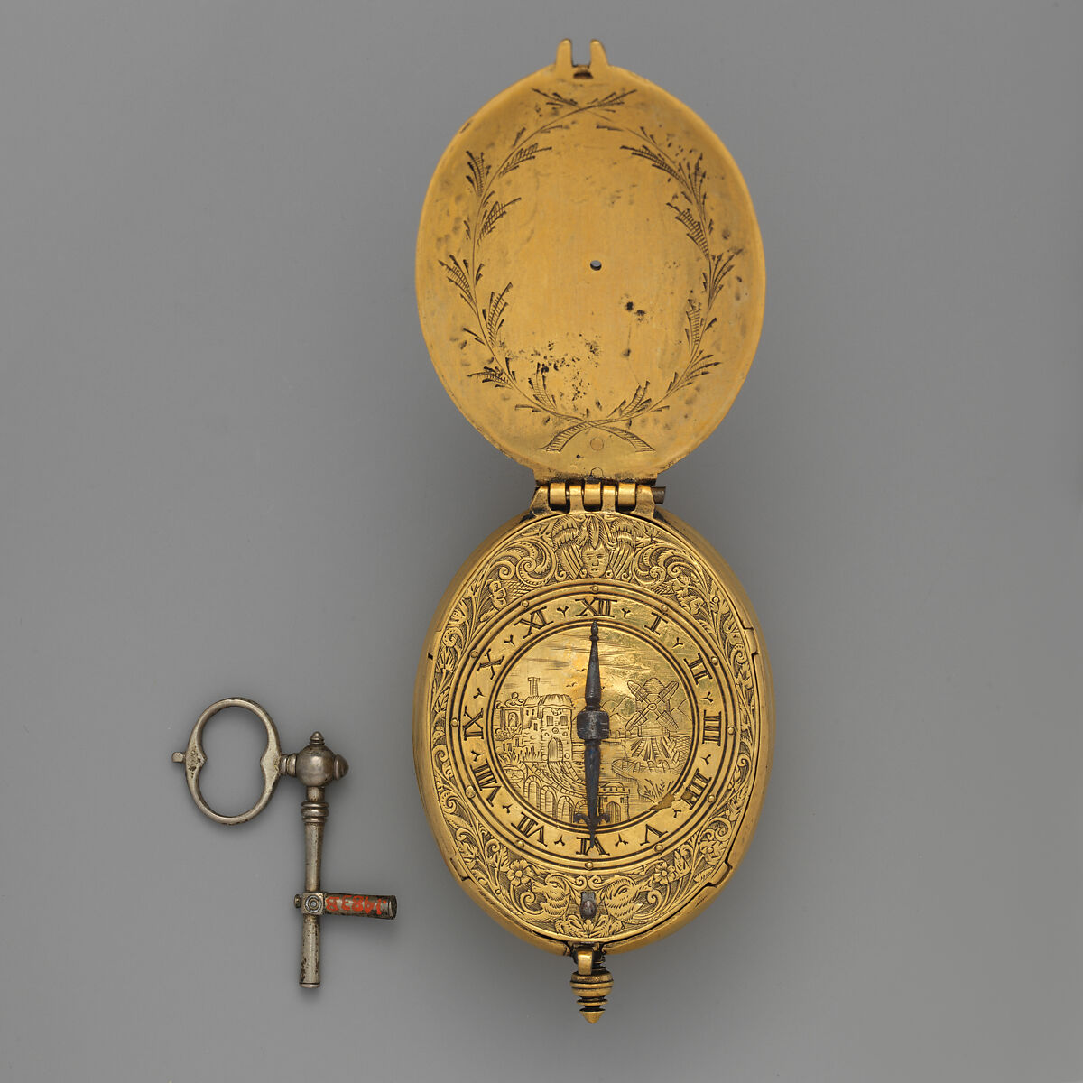 Watch and key, Watchmaker: John Wright (British, active ca. 1620–40), Brass, gilded, and blued steel, British, London 