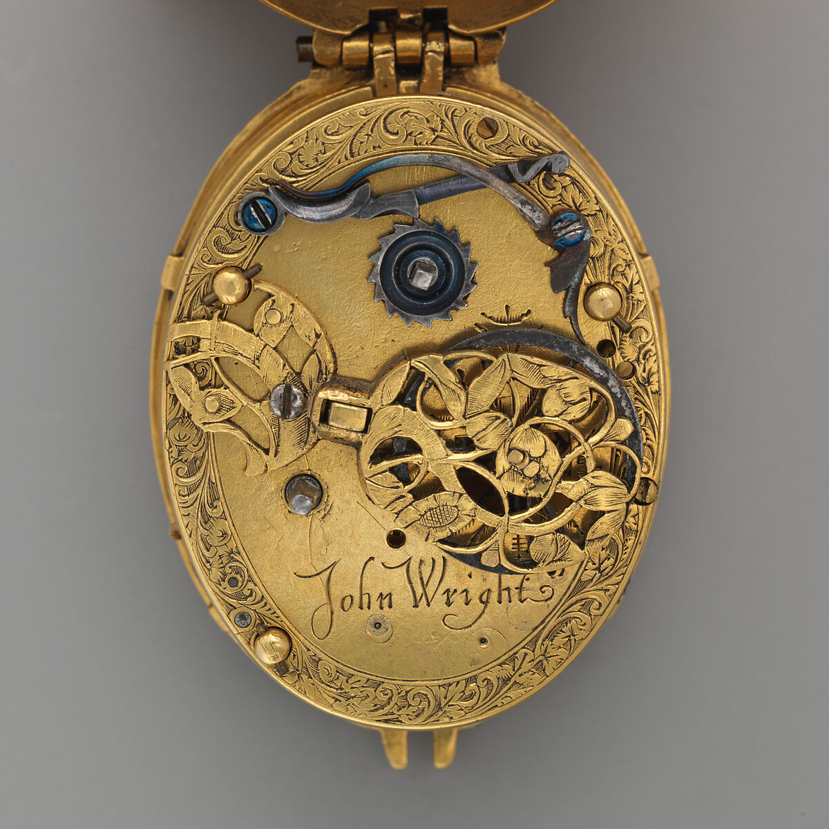 Watch and key, Watchmaker: John Wright (British, active ca. 1620–40), Gilded brass and blued steel, British, London