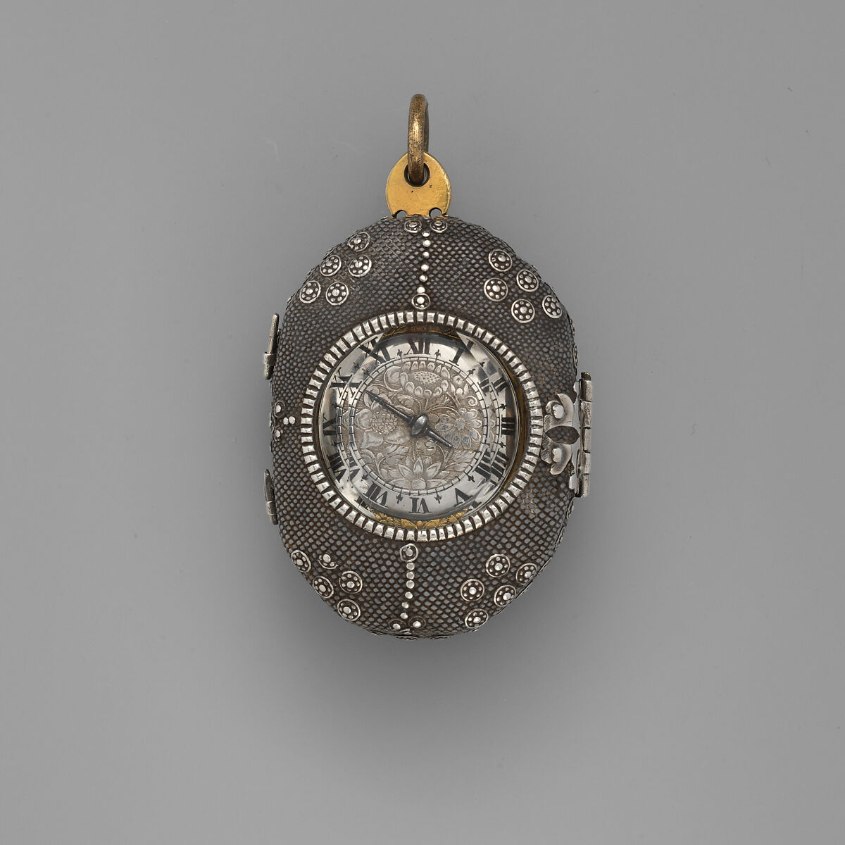 Watch, Watchmaker: Henry Grendon (British, Clockmakers&#39; Company 1640), Rock crystal, gold, silver, gilded brass; steel, partly blued, fish skin, British, London 