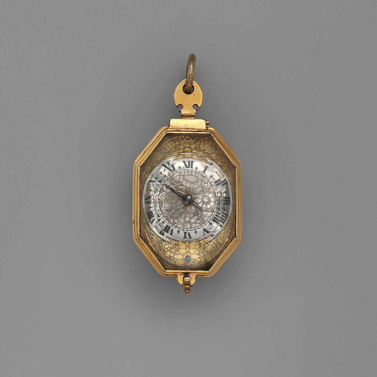 Watch, Watchmaker: Henry Grendon (British, Clockmakers' Company 1640), Rock crystal, gold, silver, gilded brass; steel, partly blued, fish skin, British, London