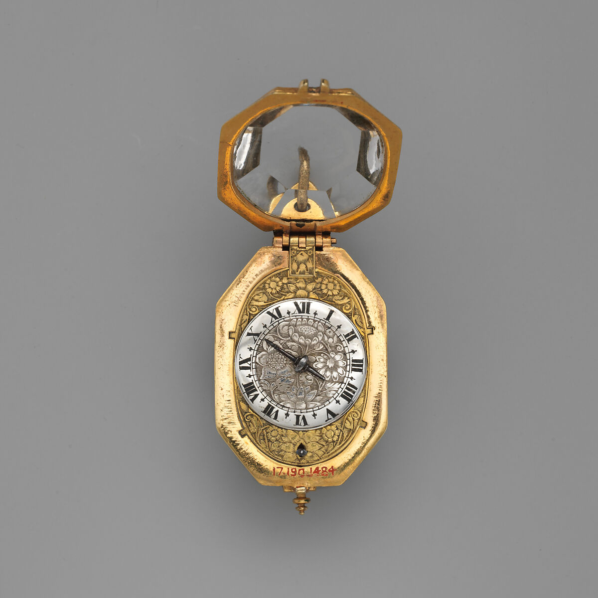 Watch, Watchmaker: Henry Grendon (British, Clockmakers' Company 1640), Rock crystal, gold, silver, gilded brass; steel, partly blued, fish skin, British, London