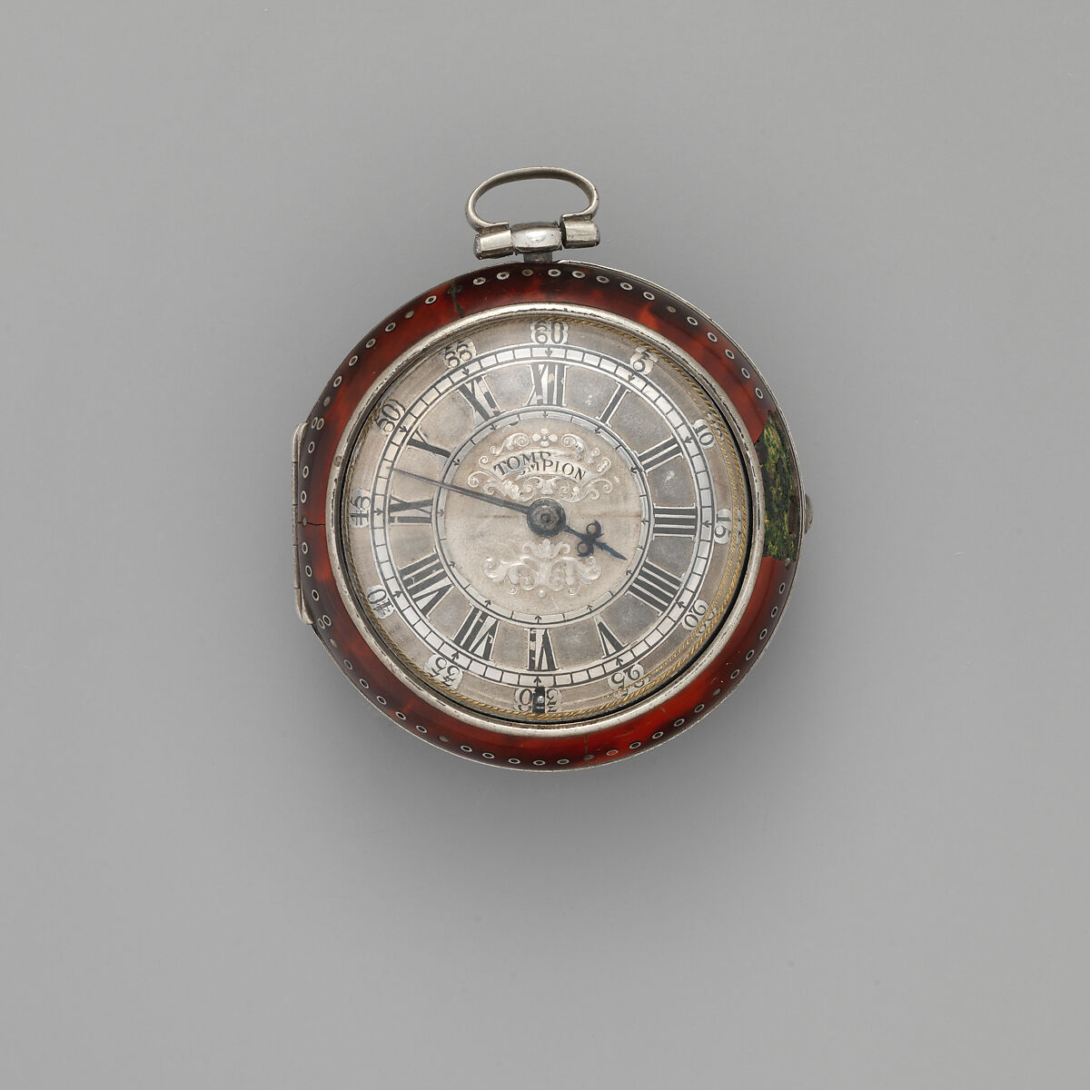 Pair-case watch, Watchmaker: Thomas Tompion (British, 1639–1713), Outer case: red tortoiseshell with silver inlay; Inner case and champlevé dial: silver, British, London 