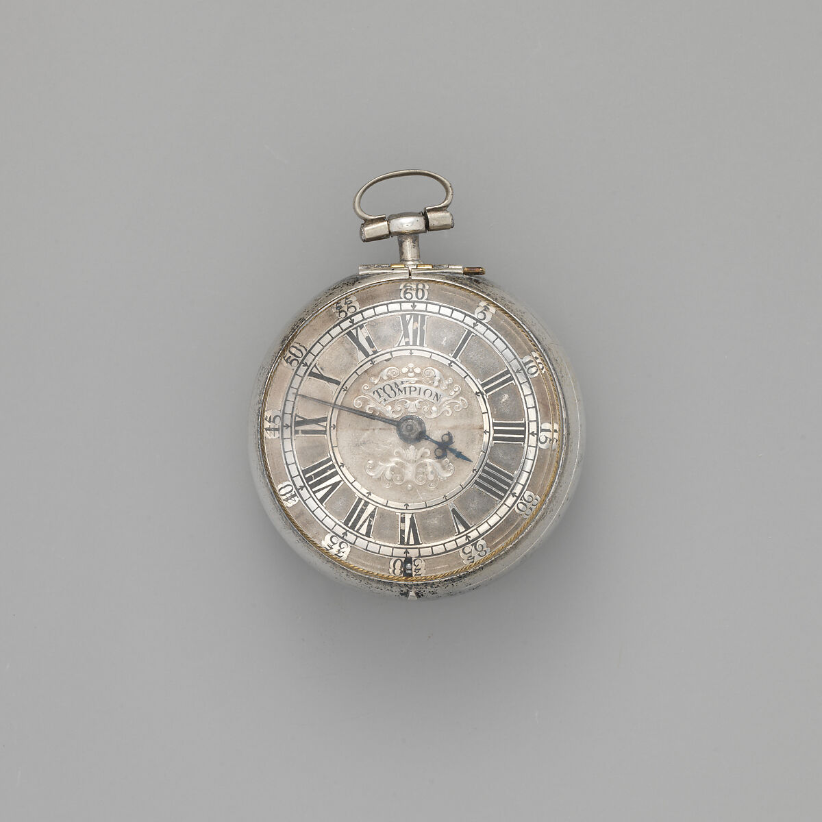 Pair-case watch, Watchmaker: Thomas Tompion (British, 1639–1713), Outer case: red tortoiseshell with silver inlay; Inner case and champlevé dial: silver, British, London