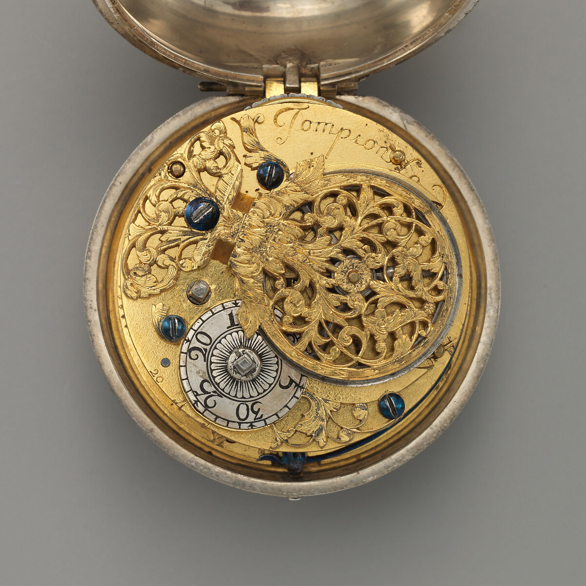 Pair-case watch, Watchmaker: Thomas Tompion (British, 1639–1713), Outer case: red tortoiseshell with silver inlay; Inner case and champlevé dial: silver, British, London