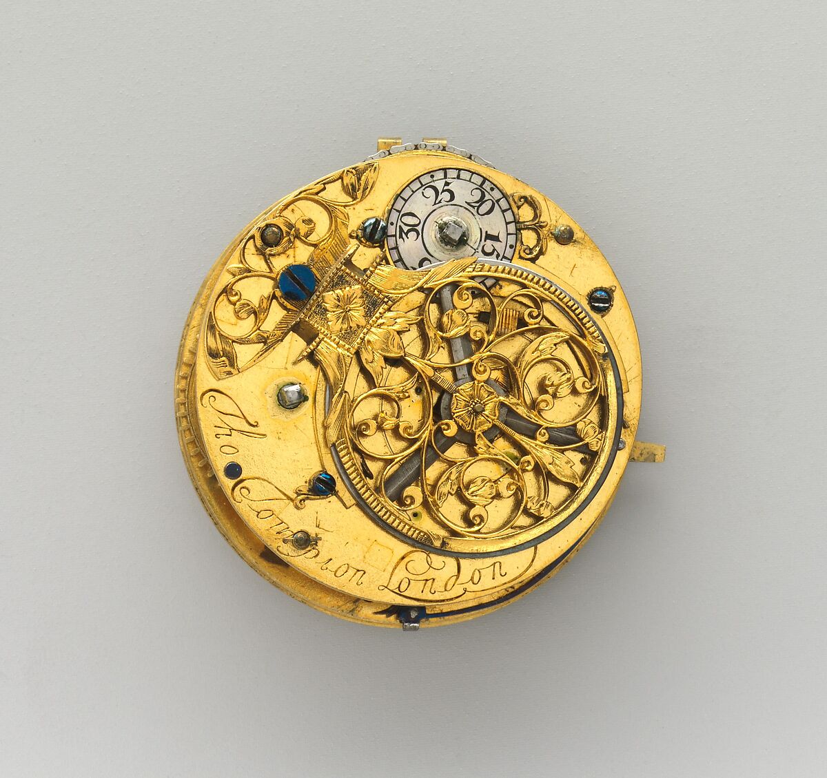 Pair-case watch, Watchmaker: Thomas Tompion (British, 1639–1713), Outer case: leather with gold studs; inner case and dial: gold with blued-steel hands; movement: gilded brass, partly blued steel, silver, British, London