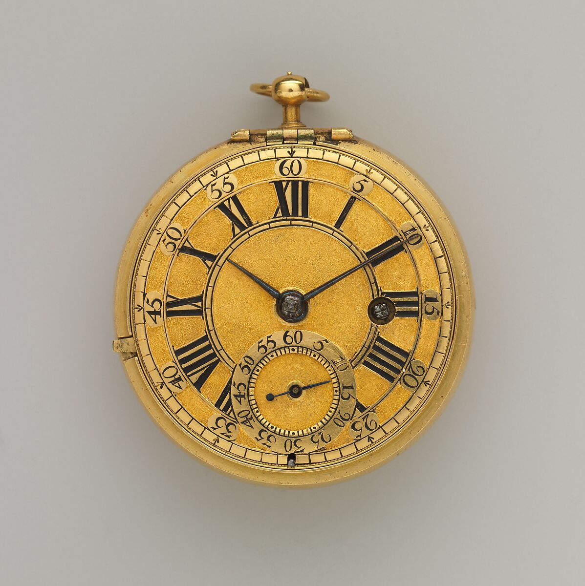 Pair-case watch, Watchmaker: Thomas Tompion (British, 1639–1713), Outer case: leather with gold studs; inner case and dial: gold with blued-steel hands; movement: gilded brass, partly blued steel, silver, British, London