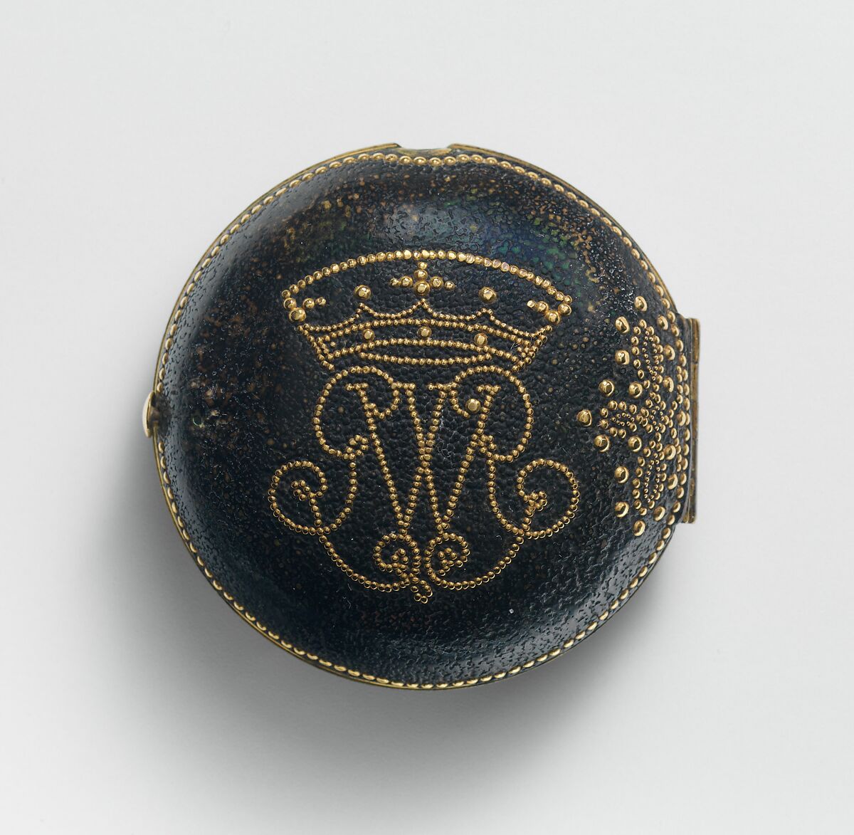 Pair-case watch, Watchmaker: Thomas Tompion (British, 1639–1713), Outer case: leather with gold studs; inner case and dial: gold with blued-steel hands; movement: gilded brass, partly blued steel, silver, British, London