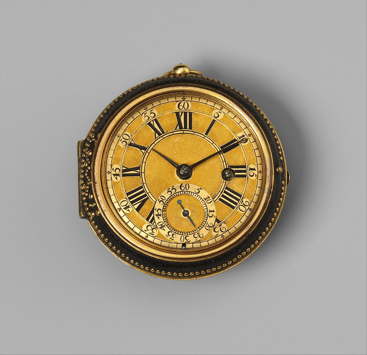 Pair-case watch, Watchmaker: Thomas Tompion (British, 1639–1713), Outer case: leather with gold studs; inner case and dial: gold with blued-steel hands; movement: gilded brass, partly blued steel, silver, British, London 