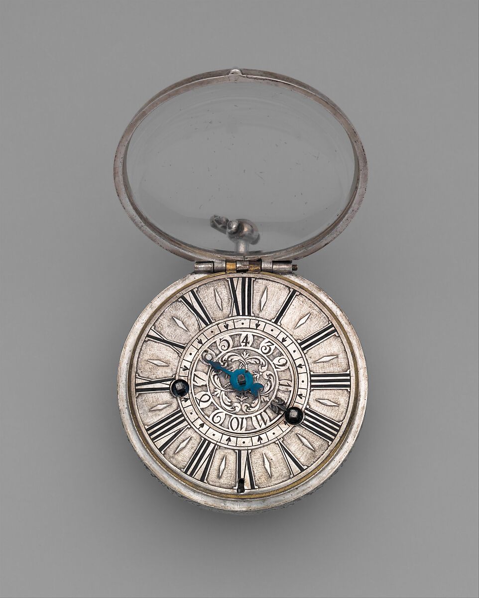 Pair-case watch with alarm, Case maker: Probably Adam Roumeau (working 1687, died before 1698), Case and dial: silver with blued-steel hand; movement: brass and steel, British, London