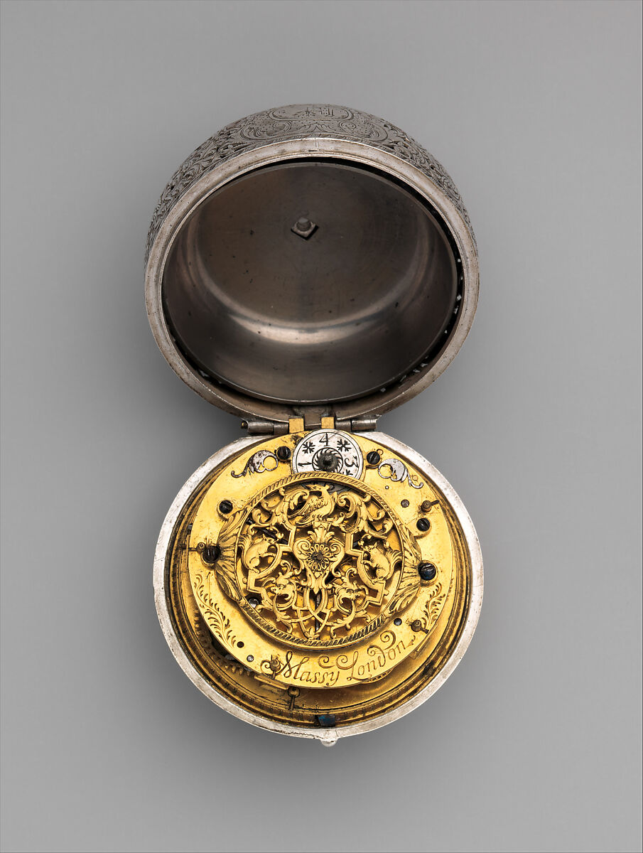 Pair-case watch with alarm, Case maker: Probably Adam Roumeau (working 1687, died before 1698), Case and dial: silver with blued-steel hand; movement: brass and steel, British, London
