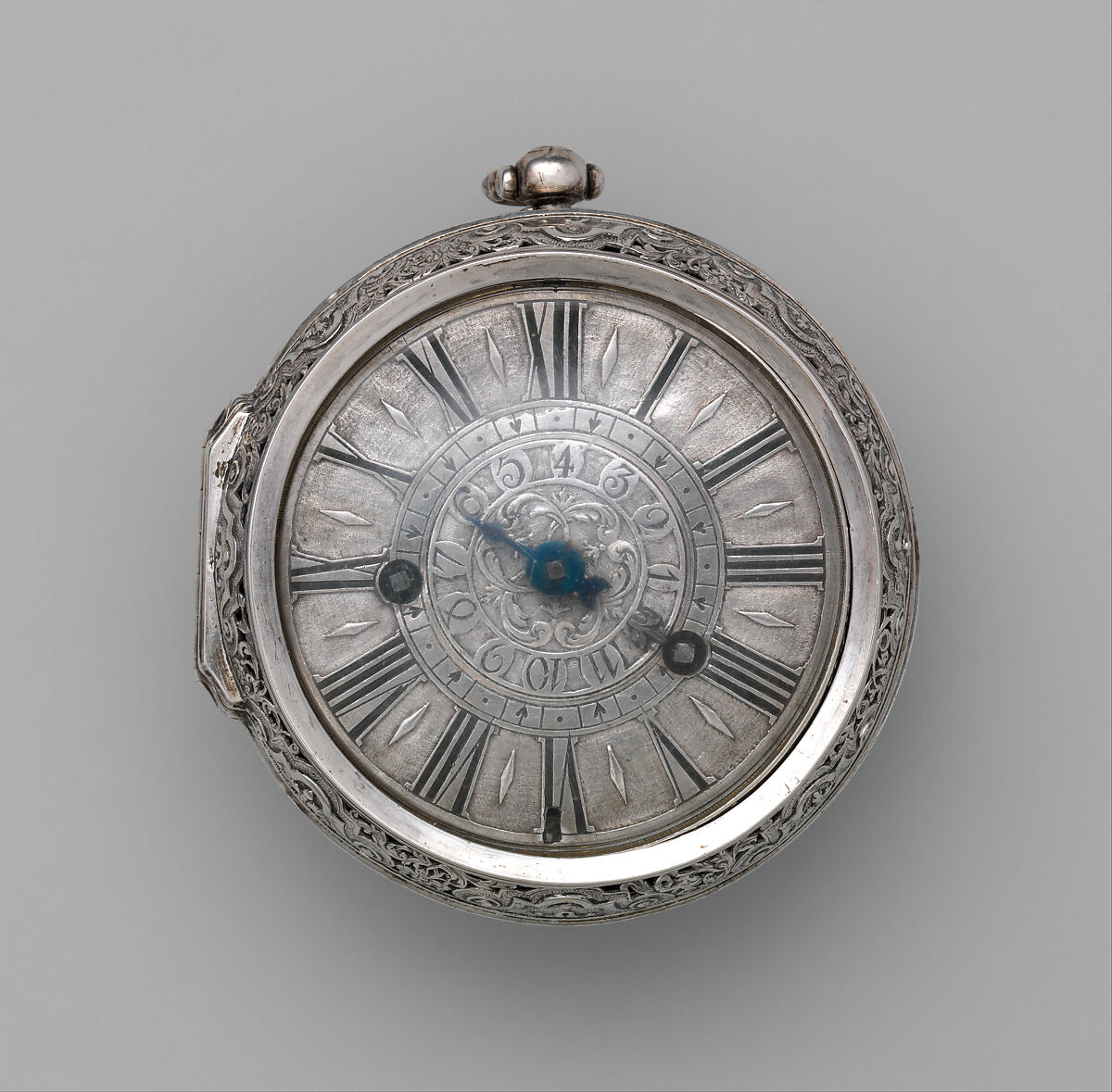 Pair-case watch, Case maker: Probably Adam Roumeau (working 1687, died before 1698), Case and dial: silver with blued-steel hand; movement: brass and steel, British, London 