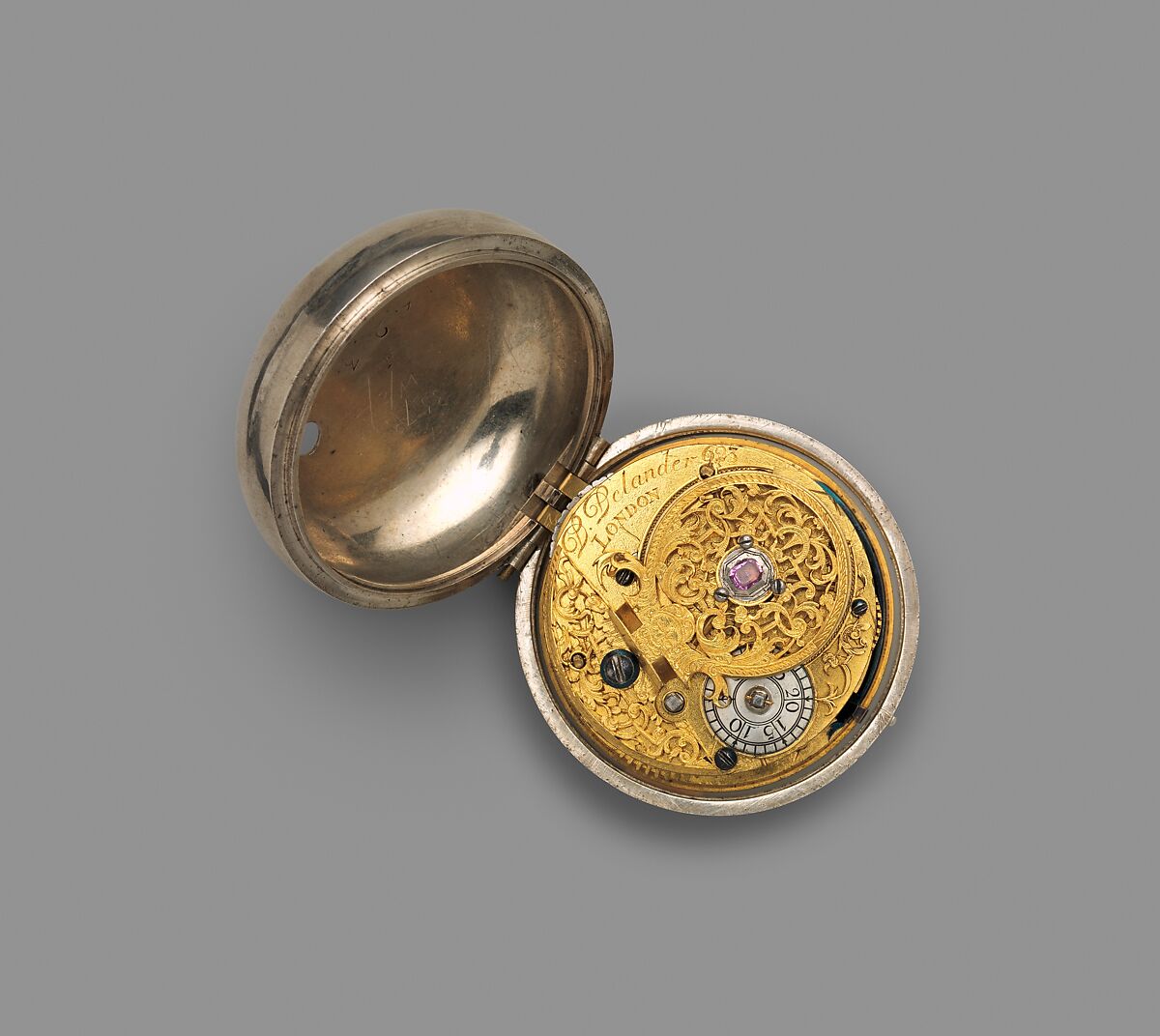 Pair-case watch, Watchmaker: Daniel Delander (British, 1678–1733), Outer case, inner case, and champlevé dial: silver and blued steel hands; Movement: gilded brass, steel, and diamond endstone, British, London