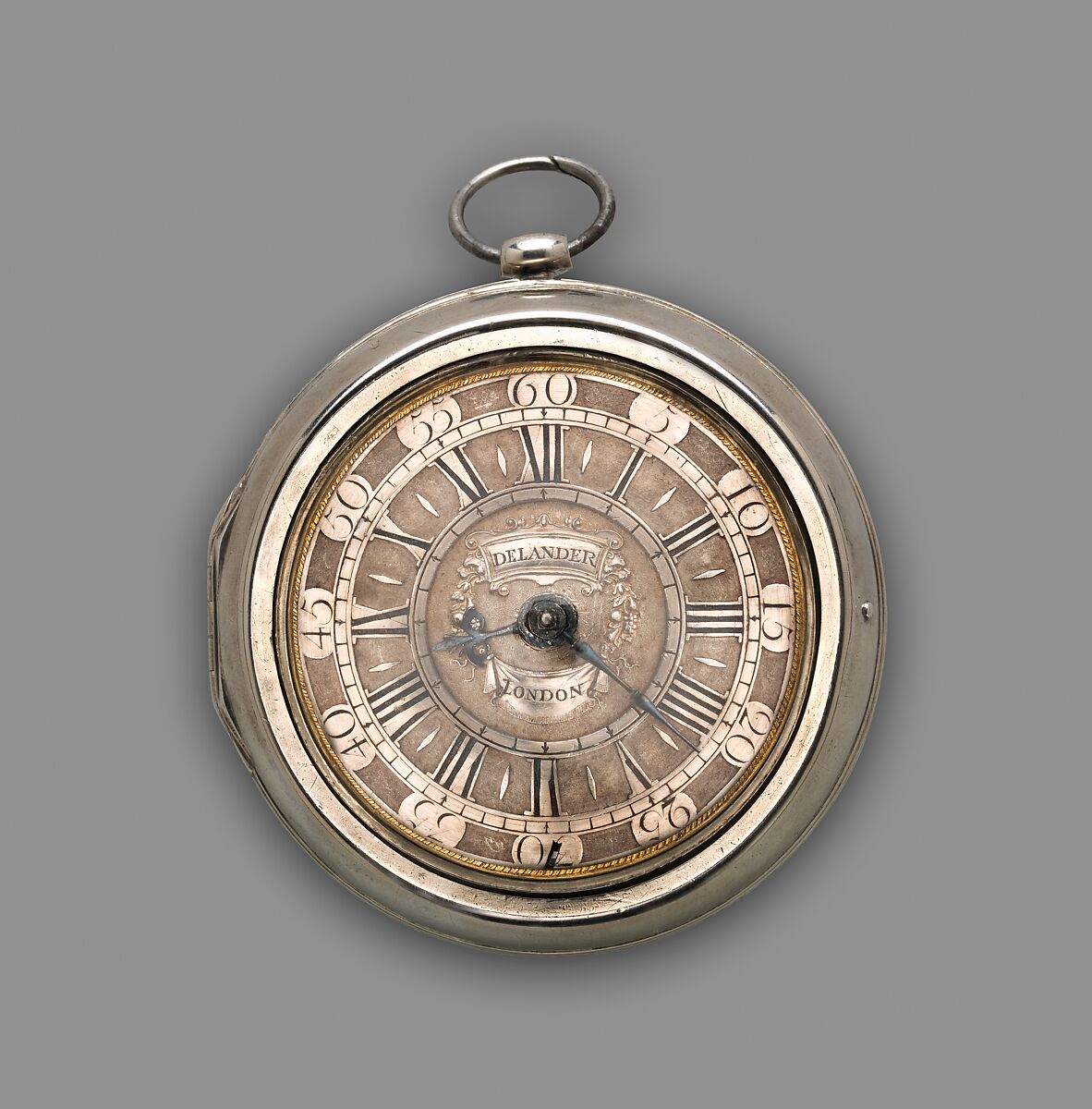 Pair-case watch, Watchmaker: Daniel Delander (British, 1678–1733), Outer case, inner case, and champlevé dial: silver and blued steel hands; Movement: gilded brass, steel, and diamond endstone, British, London 