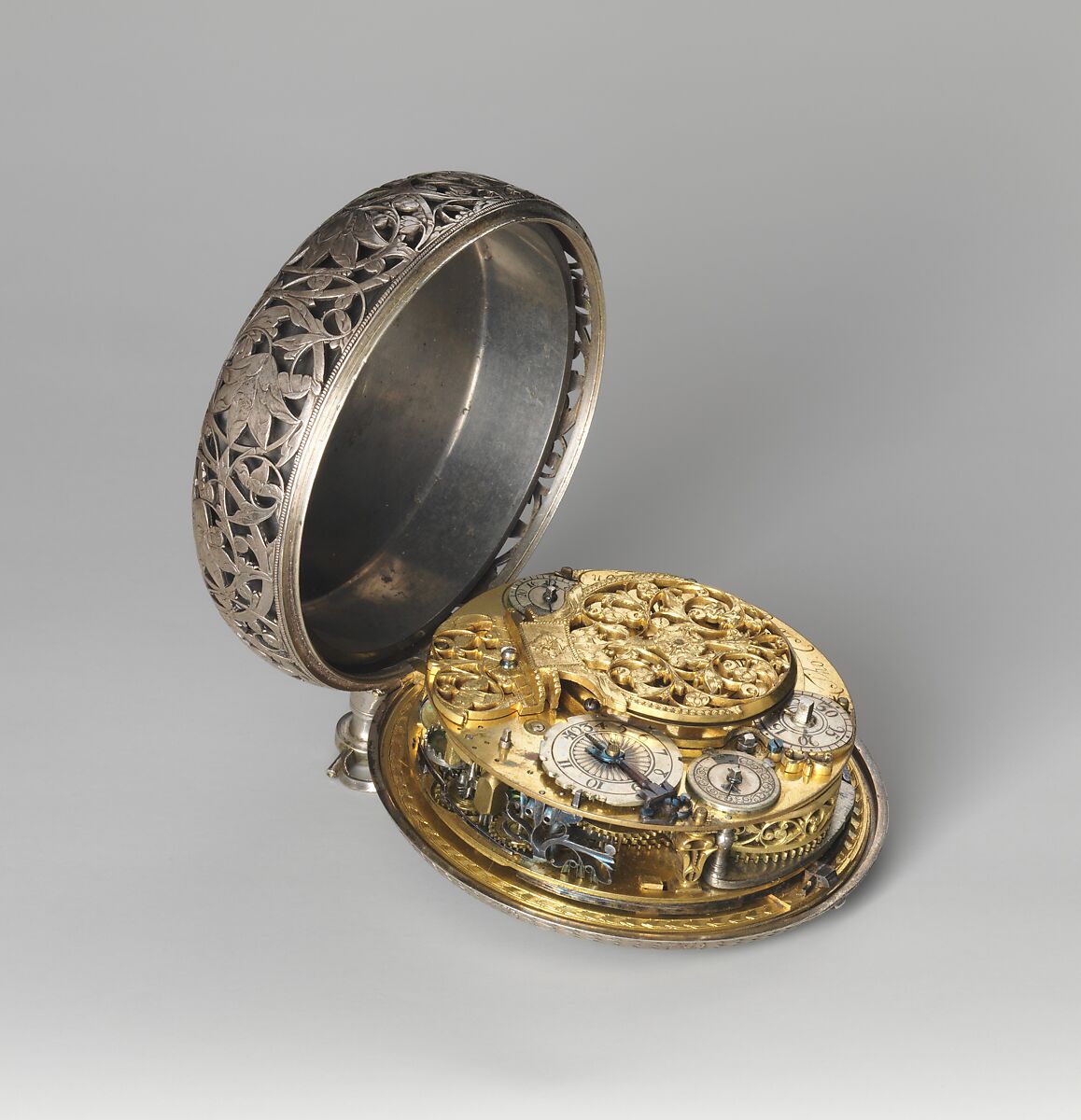 Traveling clock watch with alarm, Watchmaker: Thomas Tompion (British, 1639–1713), Case and dial: silver; Movement: gilded brass, partly blued steel, silver, British, London