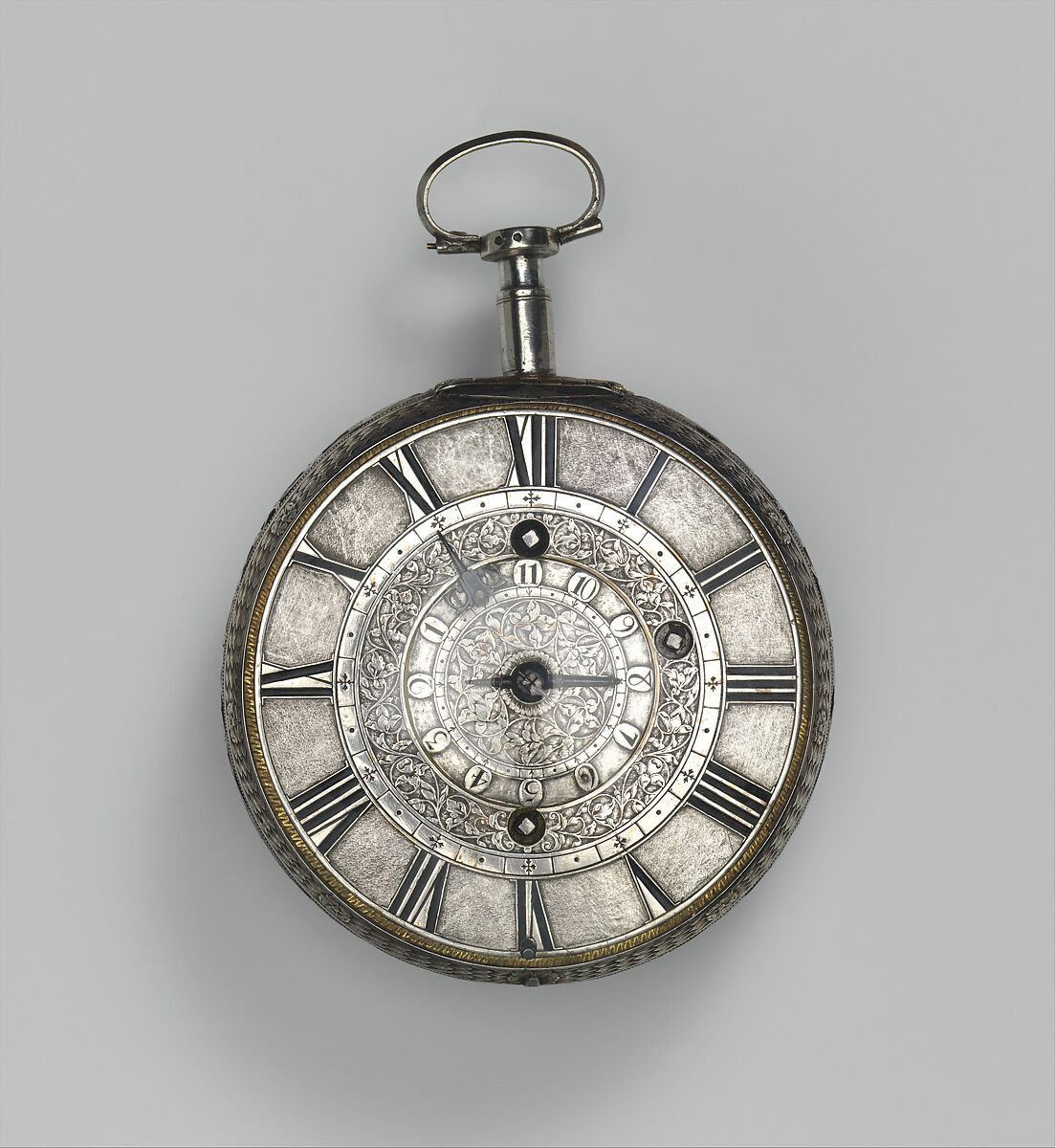 Traveling clock watch with alarm, Watchmaker: Thomas Tompion (British, 1639–1713), Case and dial: silver; Movement: gilded brass, partly blued steel, silver, British, London 