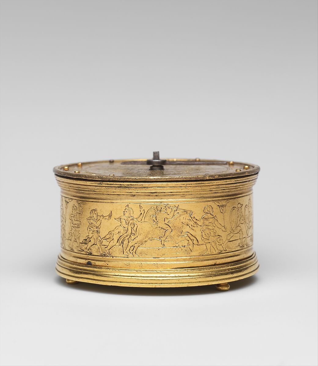 Table clock, Clockmaker: Caspar Behaim (Chasparus Bohemus) (Austrian, active 1568–84), Case: gilt brass; Movement: iron stackfreed mechanism, German, possibly Nuremberg