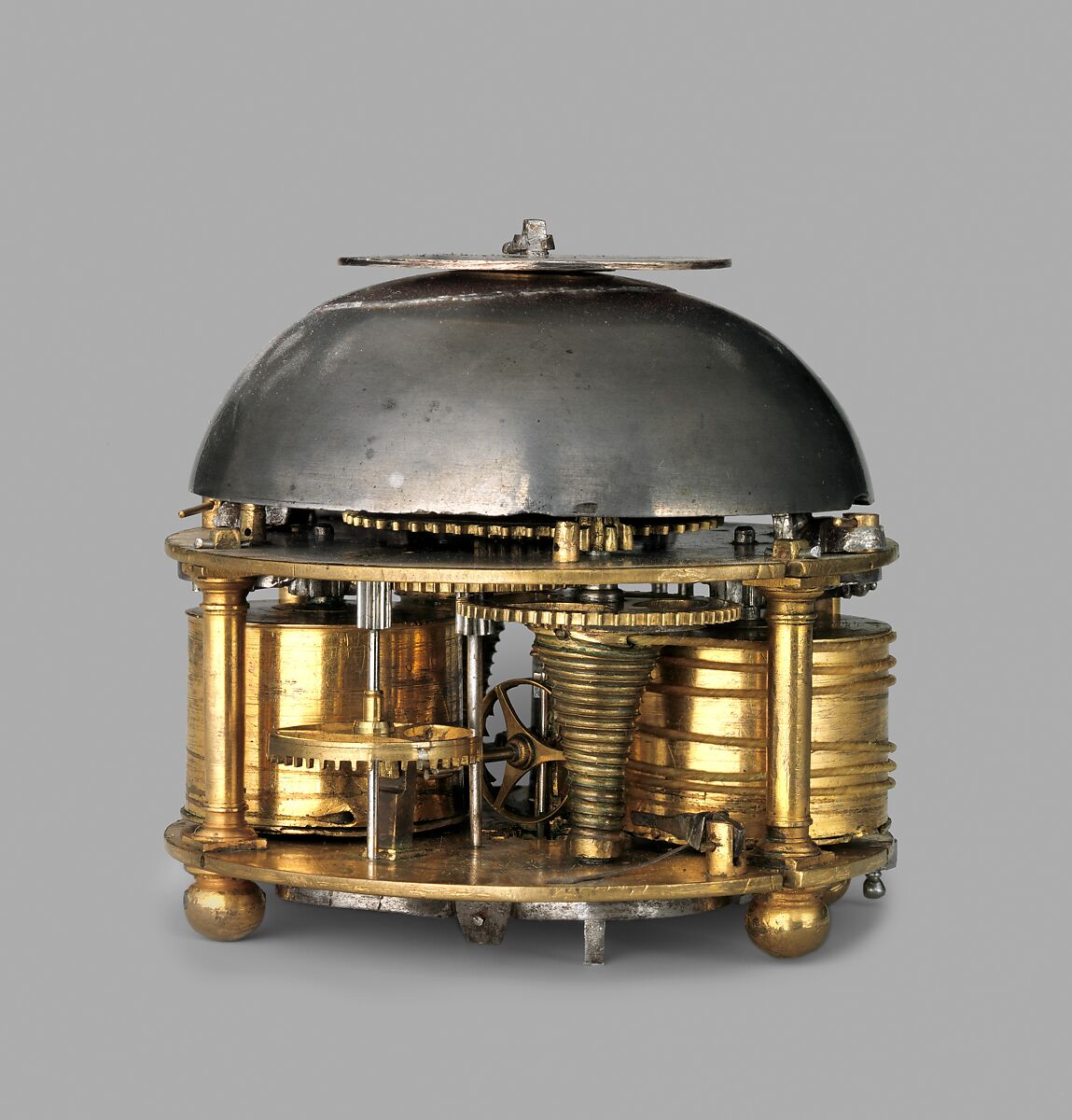 Table clock, Movement by Bartholomew Newsam (British, recorded 1565, died 1587), Case: engraved, chased, and gilded brass; dial: silver; movement: brass and steel, British, London